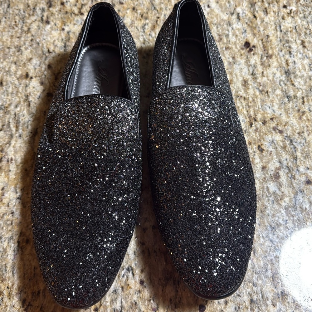 AMALI Men’s Black Noble Glitter Sparkle Smoking Tuxedo Slip On Loafers Size 10.5